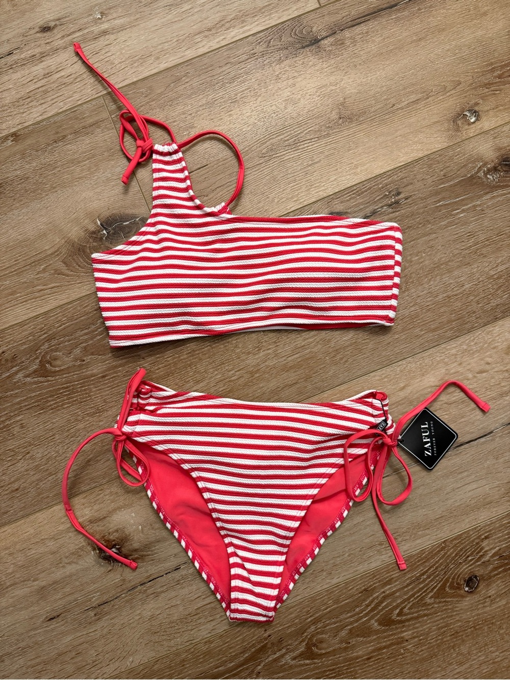 Zaful Pink and White Striped One-Shoulder Bikini Set
